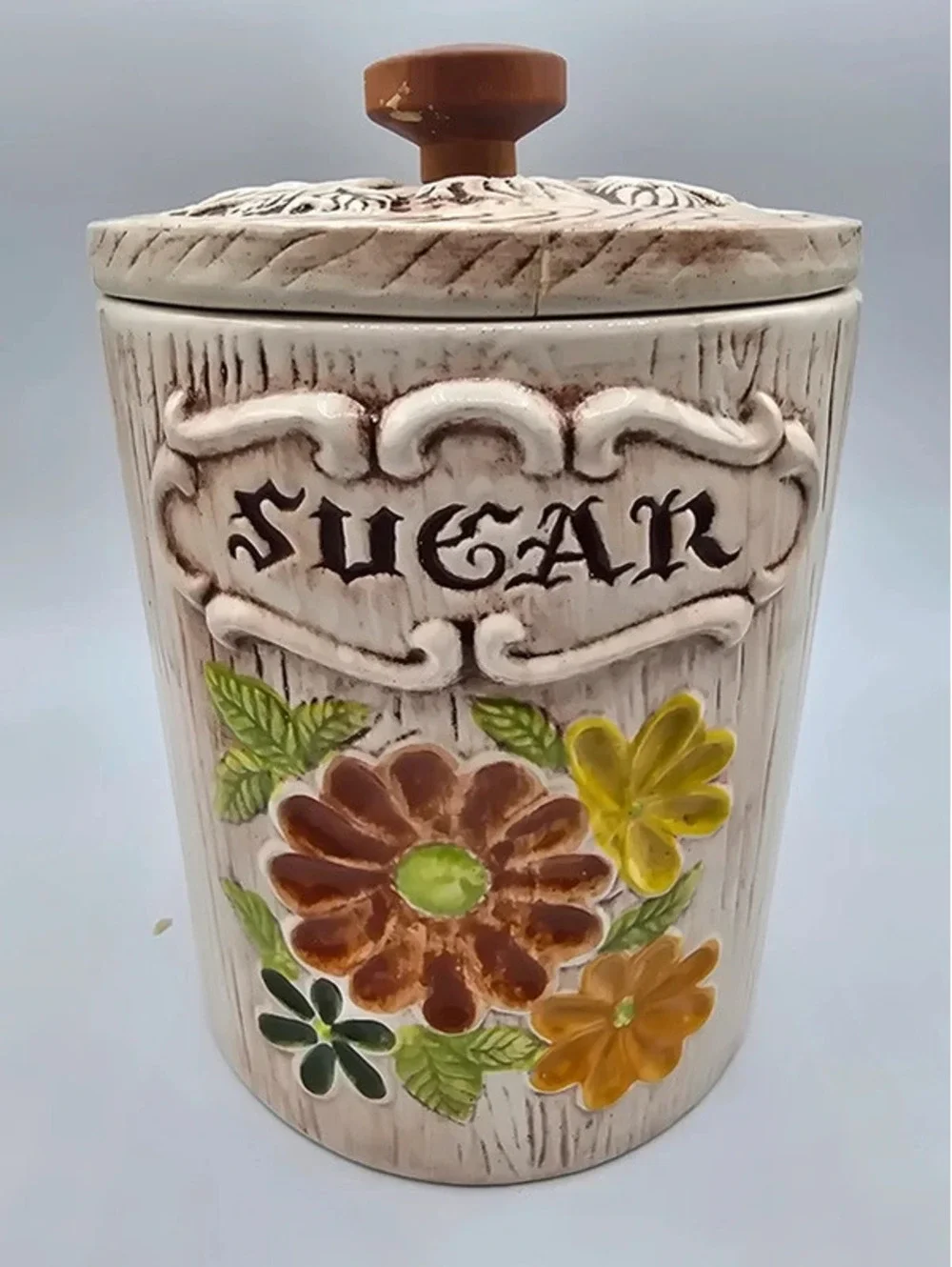 Vintage Treasure Craft ceramic faux-wood grain Sugar canister